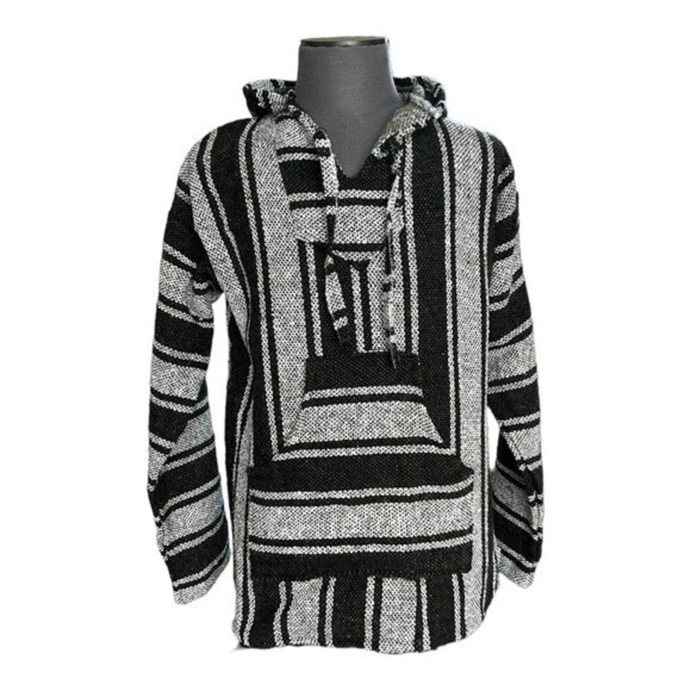 Mexican Baja Hoodie Drug Rug Jumper Green Grey Black Acrylic Unisex Poncho Sz L